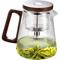 Teekanne mit Teesieb, steilende Teekanne mit Sieb, Teeglas mit Druckknopf-Infuser, Holzgriff, Teekanne, 14 x 8 x 11 cm, Tee-Ei, Glas-Teekanne mit Sieb, Drucksteuerung