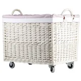 e-wicker24 Aufbewahrungstruhe, Wäschekorb, rechteckig, Weidenkorb mit Rollen und Stofffutter, Aufbewahrungsbox, Weidenkorb, Box (Weiß_Rosa)