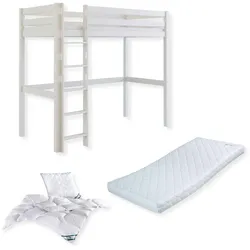 Komplettset Mika – Hochbett inkl. Rollrost mit Matratze, Decke und Kissen, weiß