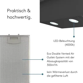 Wiggo Dunstabzugshaube 60cm kopffrei I Abluft Umluft Dunstabzug 300m3/h - LED Touch-Display 3 Stufen I Schräghaube inkl. Fettfilter & 2x Kohlefil...