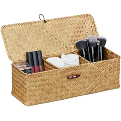 Relaxdays Aufbewahrungsbox mit Deckel, Seegras Korb mit 3 Fächern, Bad Aufbewahrung, HBT 11 x 33 x 12,5 cm, Kiste, natur