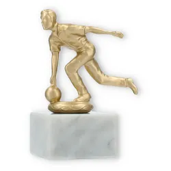 Pokal Metallfigur Kegeln Herren goldmetallic auf weißem Marmorsockel 13,4cm