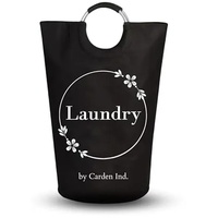 CARDEN - Moderner Schwarzer Wäschekorb mit 82L Fassungsvermögen - Wäschesammler, Wäschesortierer, Wäschebehälter, Wäschesack - Faltbar - mit Aufschrift ‘Laundry’ und Blumenmuster