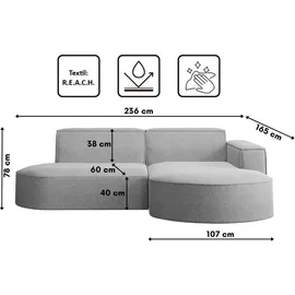 kaiser möbel Ecksofa, Sofa L form, Couch L form MODENA STUDIO stoff Verita Grau Links - Grau