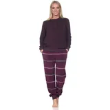 Normann Damen Frottee Schlafanzug lang mit Bündchen - Hose gestreift - auch in Übergrößen, Farbe:Beere, Größe:40-42 - 40-42