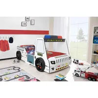 Aileenstore Autobett Kinder 90x200 cm Feuerwehrbett "Rio Firetruck" mit LED-Licht und Sirenenoptik