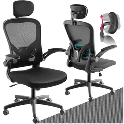 tectake® Bürostuhl, ergonomische Form mit verstellbarer Lordosenstütze und verstellbarer Kopfstütze, mit Netzstoffbezug, klappbare Armlehnen und Wippfunktion, stufenlos höhenverstellbar