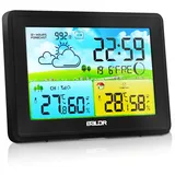 Skeufy Wetterstation Funk mit Außensensor, Innen und Außen Temperatur/Luftfeuchte, Funkwetterstation mit Wettervorhersage, Barometer und Mondphase, Digital Farbdisplay DCF Funkuhr, zum Stellen/Hängen,Schwarz