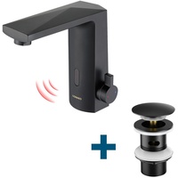 Lonheo Infrarot Sensor Wasserhahn Automatik Waschtischarmatur mit Ablaufgarnitur, Einhandmischer Wasserhahn Bad mit Pop Up, Schwarz