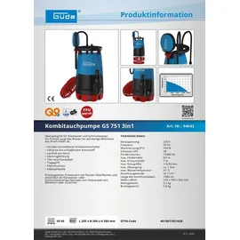 Güde Kombitauchpumpe GS 751 3in1 (750 W, 15900 l/h, max. Förderhöhe/Eintauchtiefe 8,5 m/7 m, Laufrad aus Noryl, 10 m Anschlusskabel, Korngrößen 1/3/30 mm, einstellbarer Schwimmerschalter)