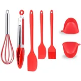 6-teiliges Silikon-Küchenutensilien-Set für Antihaft-Kochgeschirr mit Bürste, Spatel, Schneebesen, Zange, Ofenhandschuhe zum Backen, Grillen und Luftfritteusen, Rot