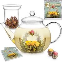 Teekanne Glas mit Herausnehmbarem Teesieb Glas von Teabloom Hitzefest und Mikrowellenbeständig – 2 Teeblumen inklusive – 1,2 Liter Teebereiter