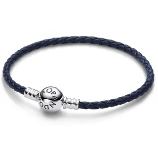 Pandora Moments Blaues Geflochtenes Lederarmband mit Kugelverschluss aus Sterling Silber, Kompatibel Moments, Größe: 20,5 cm,