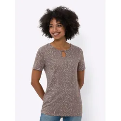 T-Shirt HEINE "Druck-Shirt", Damen, Gr. 50, grau (dunkeltaupe, ecru, bedruckt), 95% Baumwolle, 5% Elasthan, gemustert, gepunktet, Rundhals, Kurzarm, Shirts