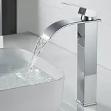 kisimixer Modern Wasserfall Wasserhahn Bad Hoch, Waschtischarmatur Hoch Wasserfall Aufsatzwaschbecken Armatur Badezimmer, Mischbatterie Waschbecken für Heißes und Kaltes Wasser, Messing Verchromt