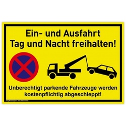 Schild Ein- und Ausfahrt | PVC 30 x 20 cm | Tag und Nacht freihalten Unberechtigt parkende Fahrzeuge werden kostenpflichtig abgeschleppt | gelb | PVC-