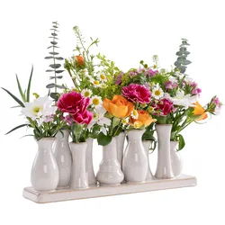 H&D Manufaktur Jinfa 1 Set aus 10 kleinen Vasen auf festem Sockel | handgefertigte Blumenvasen Tischdeko | Antik-Weiß