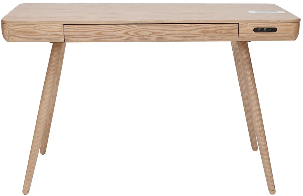 Bureau connecté multimédia  avec tiroir bois clair massif L120 cm CLEVER