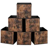 Relaxdays Aufbewahrungsbox, 6er Set, HxBxT: 33x33x33 cm, Stoff, Holzoptik, Griffloch, Faltbare Regalboxen, schwarz/braun