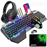 Kabellose Gaming-Tastatur & Maus & Headset Set,4 in 1,16 RGB Hintergrundbeleuchtung wiederaufladbare Tastatur mit Handballenauflage,7 Gaming-Maus mit Hintergrundbeleuchtung & RGB Bluetooth-Kopfhörer