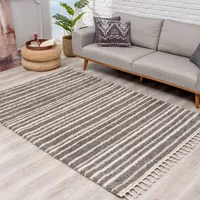 Carpet City Hochflor-Teppich CARPET CITY "Pulpy 520" Gr. 5, grau, B:240cm H:30mm L:340cm, Kunstfaser, Teppiche, Fransenteppich, besonders weich, mit Fransen, Streifen Look