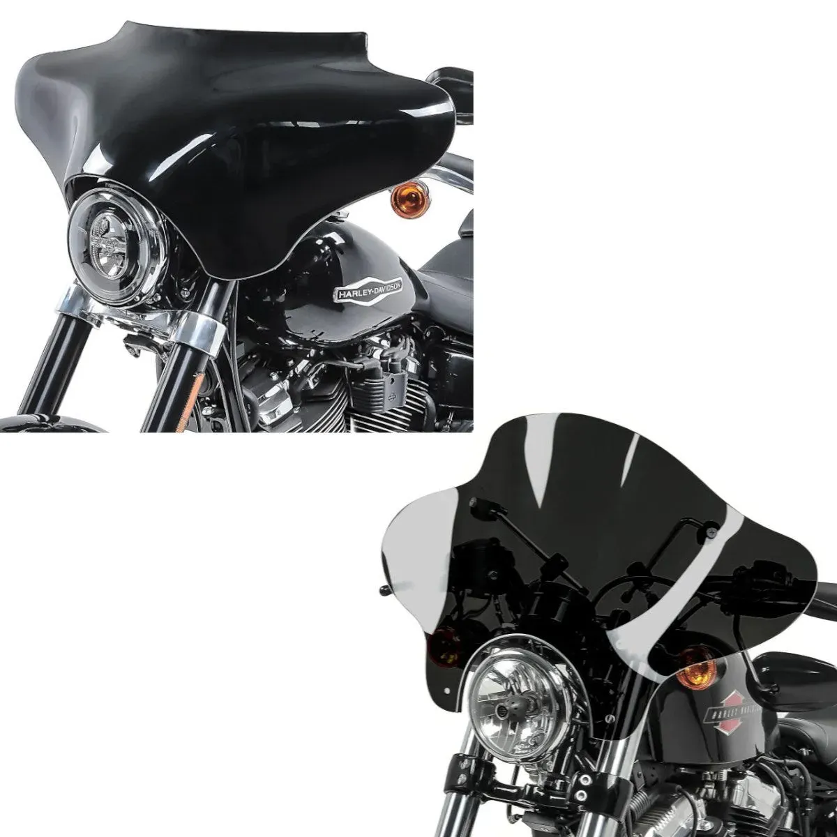 Set: Batwing Verkleidung passend für Harley Davidson Road King / Softail / Fat Boy Craftride schwarz + Motorrad Windschild Batwing Craftride für Custombikes Craftride inkl. Haltesatz dunkel getönt