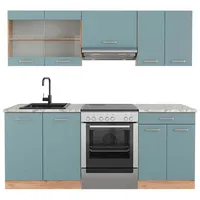 Vicco Küchenzeile R-Line, 200 cm, , AP Marmor, Blau-Grau/Goldkraft Eiche