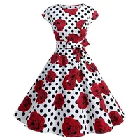 Damen Vintage 50er Cap Sleeves Punkt Dot Blume Rockabilly Swing Kleider Retro Cocktailkleid Ballkleid Kleid Rundhals Partykleid, Weiß - XL