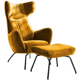 KAWOLA Ohrensessel LOTTE Velvet 79 x 117 x 79 cm Gelb mit Hocker