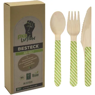 Ökolution Einweg-BESTECK Set aus Holz, 30 Teile (je 10 x Gabel, Löffel und Messer), Länge 16,5 cm, FSC-Zertifiziert, umweltfreundliche Verpackung 470 Braun