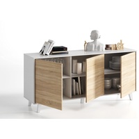 Dmora - Anrichte Arvada, Modernes Sideboard mit 3 Türen und Einlegeböden, Küchenbuffet, Wohnzimmer-Design-Buffet, cm 154x40h75, Glänzend weiß und Weiß