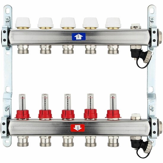 Fußbodenheizungsverteiler aus Edelstahl mit Topmeter für 5 Heizkreise - ohne Anschlussset