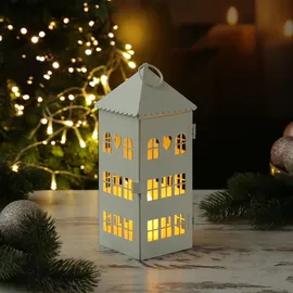 MARELIDA Laternen in Hausform mit Herzen Metallhaus Lichthäuser 2er Set weiß