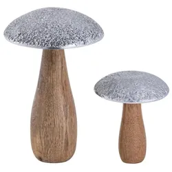 Amagohome Dekofiguren 2er Set Pilze H20/12x13/10cm Aufsteller Pilz-Optik Mangoholz Aluminium