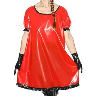 GAYLOP Roter und schwarzer sexy Latex-Pyjama mit Rüschen, Puffärmeln, rundem Kragen, Gummikleider, Nachthemd -rot mit Schwarz-XXL - XXL