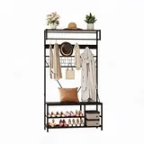 Garderobenbank Mit Schuhregal Hall Tree, Industrieller Kleiderständer Mit 9 Haken, Kleiderstange Und Ablagefach, Holzoptik Metall, Grau, 100×37×184cm, Retro Black