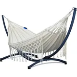 Potenza Outdoor Hängematte mit Gestell für 2 Personen I Medelin Boho- 100% Baumwolle Doppelhängematte 230x160, 200kg I Hängemattengestell 220kg, wetterfest (Basic Gestell Graphit, Ecru)