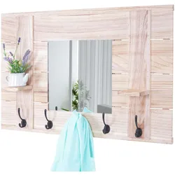 Wandgarderobe MCW-C89 mit Spiegel, Garderobenpaneel Garderobe, Shabby-Look Vintage, 5 Haken 90x60cm ~ naturbraun