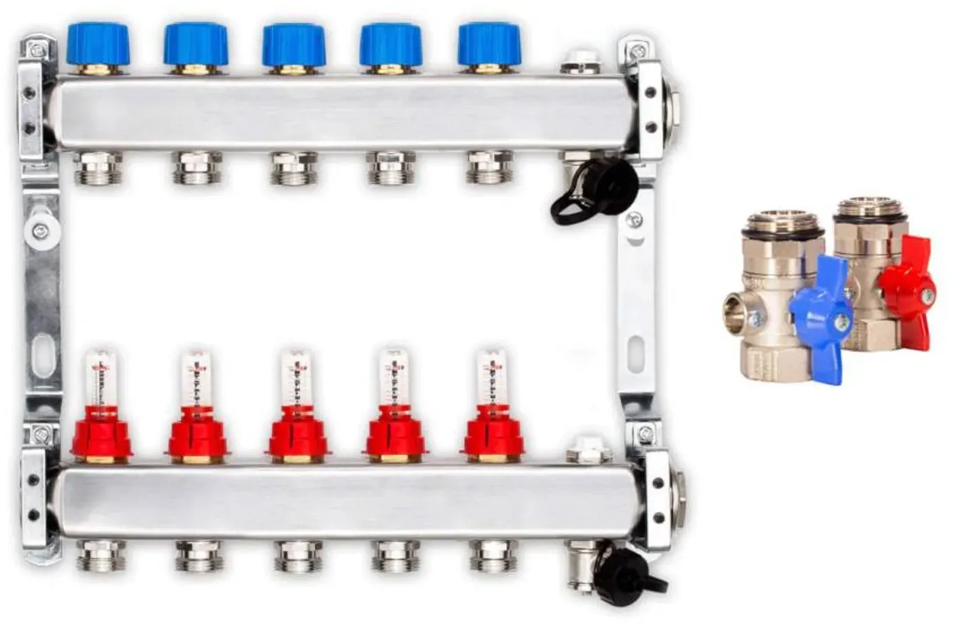 Heizkreisverteiler PREMIUM 5-fach mit Durchflussmesser und Kugelhahn-Set