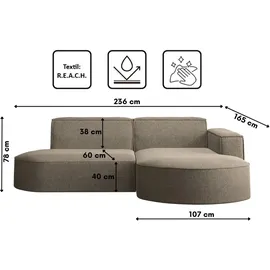 Kaiser Möbel Ecksofa, Sofa L form, Couch L form MODENA L STUDIO stoff Verita Warmbeige Rechts