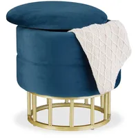 Relaxdays Samthocker mit Stauraum, runder Sitzhocker, gepolstert, Wohnzimmer, H x D: 40 x 40 cm, Hocker Samt, blau/gold