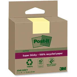 Post-it Super Sticky 100 Recycling Notes, 3 Blöcke, 70 Blätter pro Block, 76 mm x 76 mm, Gelb - Extra starke Haftnotizen aus 100 % Recyclingpapier
