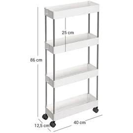 Songmics Rollwagen, Küchenwagen mit 4 Ebenen, Küchenregal, Nischenregal, mit 6 Haken, 360° drehbare Räder, Stahlgestell, Bad, Küche, Büro, weiß