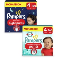 Pampers Night Windeln Pants Größe 4 (9-14kg, 180 Stück) Baby-Dry und Windeln Pants Größe 4 (9-15kg, 168 Stück) Premium Protection, Maxi mit Stop- und Schutz Täschchen, MONATSBOX