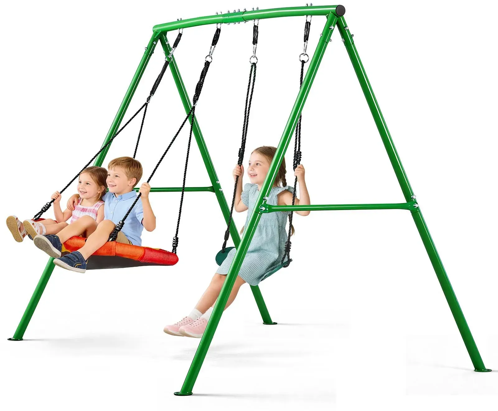 VEVOR Gartenschaukel mit A-förmigem Metallgestell, Doppelschaukel (1 Tellerschaukel & 1 Gurtschaukel), bis zu 199,6 kg Tragkraft, Schaukelset Outdoor, Verstärkt mit Spiralförmigen Bodenankern
