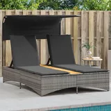 Homgoday Doppel-Sonnenliege mit Dach und Auflagen Grau Poly Rattan Gartenliege Doppelliege Balkonliege Relaxliege Sonnenliegen für 2 Personen Garten Relaxliege