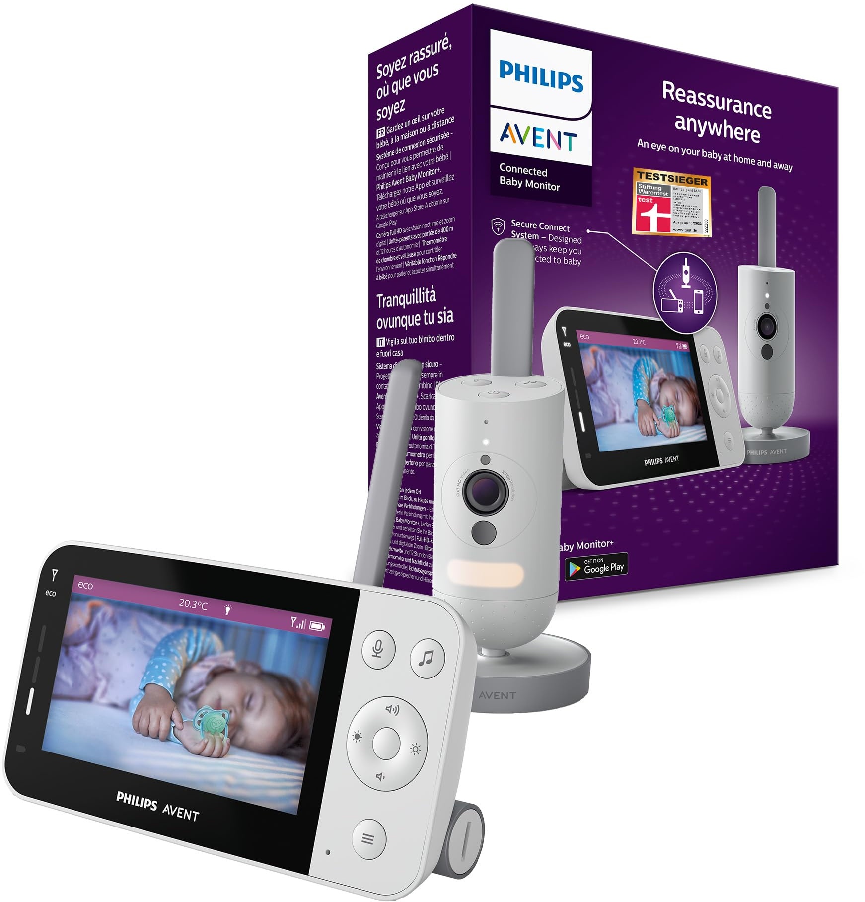 Philips Avent Connected Babyphone mit HD-Kamera 1080p, Infrarot-Nachtsicht, Zwei-Wege-Audio, unbegrenzte Reichweite, Secure Connect, 12 Stunden (Modell SCD923/26)