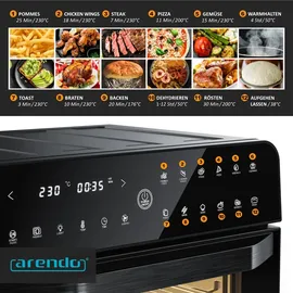 Arendo Heißluftfritteuse 1800 Watt, Minibackofen, Airfryer, 25L, Edelstahl, Pizzaofen, 4 Ebenen, Mini Backofen mit Umluft, Timer, 12 Programme
