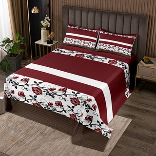 Bettwäsche Set mit Roten Rosen für Mädchen Tagesdecke mit Burgunderroten Weißen Geometrischen Streifenlinien 170 x 210 cm Tagesdecke mit Romantischen Blumenblättern Tagesdecke Im Botanischen Garten