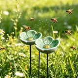 2ST Bienentränke Blumes für den Garten, 19cm Keramik Gartenstecker Vogeltränke | Blumen Insektentränke Garten Trinkbecher | Schmetterling Vogelbad Futterstation Blumentopf (Grün)